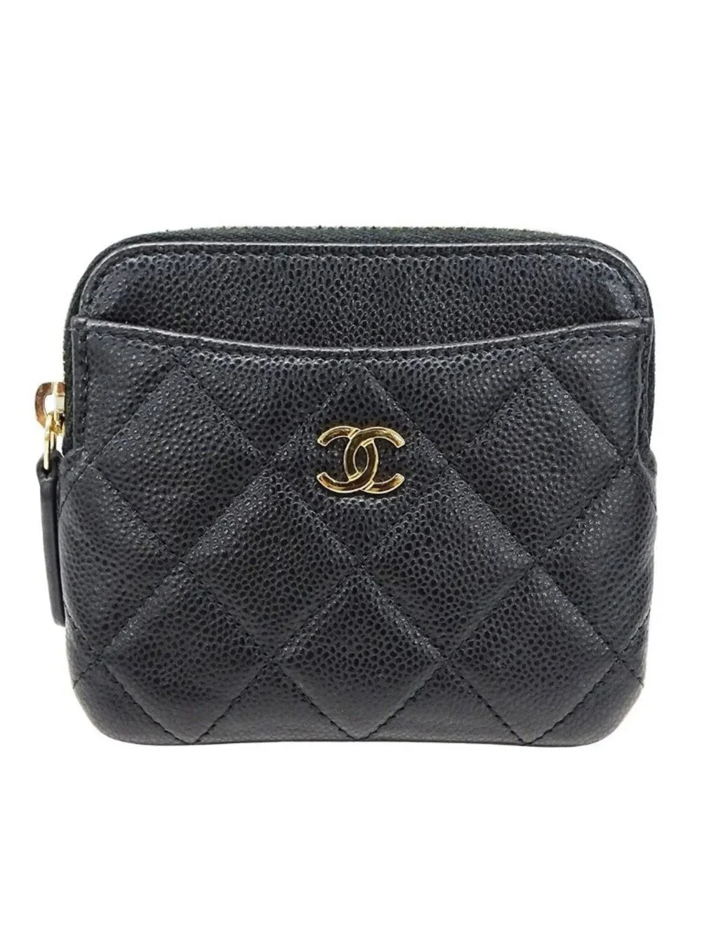 Chanel Wallet Coin Case Quilted Caviar Leather Fragment Black Gold Mini Compact
